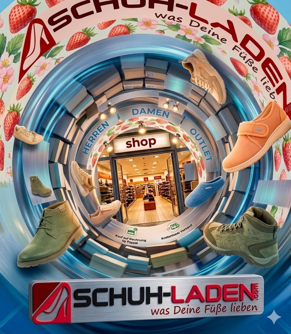 Sommerliches Werbebanner von Schuh-Laden.com mit kräftigen Farben, Erdbeeren und einer Auswahl an Schuhen im runden Design-Strudel.